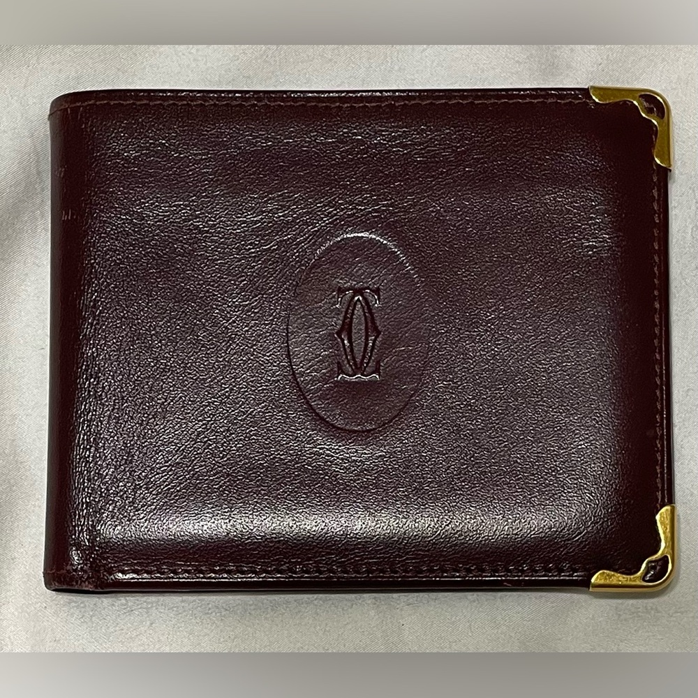 Cartier Authentic Vintage Maroon Leather Compact Wallet with Embossed Logo
